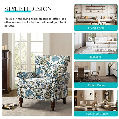 HULALA HOME Traditional Floral Accent Chair with Solid Wood Legs, Green | Comfy Upholstered Armchair Reading Chair with Rolled Armrests, Nailhead Trim, Removable Cushion, for Living Room Bedroom - color: Green