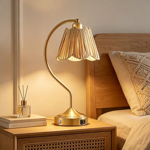 Set of 2 Boho Rattan Small Touch Table Lamps with USB C+A Ports | Bedroom Farmhouse Lamp and Retro Rattan Shade for Living Room Entryway Office, LED Bulbs Included - color: Brass