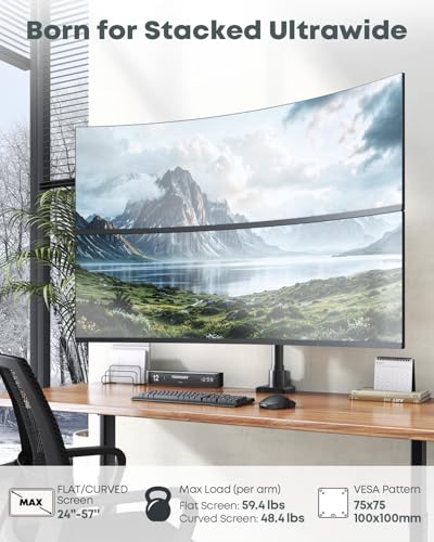 Dual Monitor-Arm Ultrawide Heavy Duty - 24-57 inch Vertical Dual Monitor Mount, Adjustable Stacked Double Monitor Desk Mount Stand, Max Load 59.4 lbs (per Arm), VESA 75/100 mm, Black - color: Black