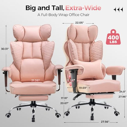GTPLAYER Big and Tall Gaming Chair 400lbs Heavy Duty Office Chair with Foot Rest & Ergonomic Pocket Spring Lumbar Support, High Back 3D Saddle Shaped Cushion for Back Pain Relief, Pink - color: Pink