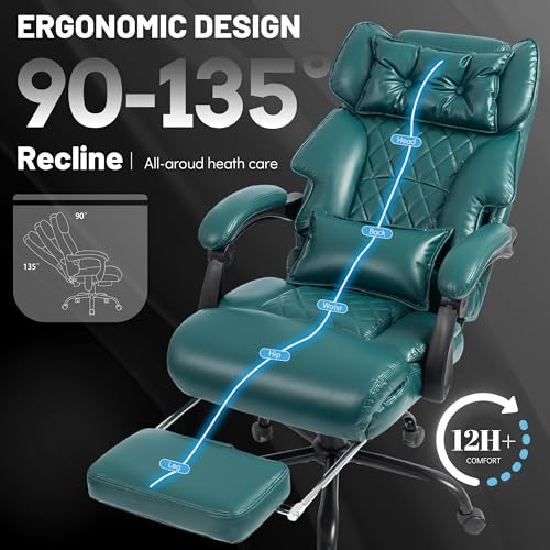 Massage Office Chair with Foot Rest,6 Points Vibration & Heat Executive Office Chairs for Heavy People,500LBS Big and Tall Office Chair,Ergonomic Reclining Desk Chair,Dual-Use Pillow,Home Office,Green - color: Green, size: 6 Point Vibration