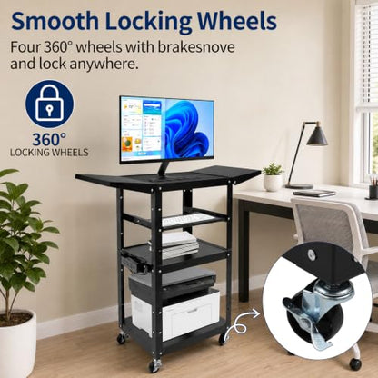 Mobile AV Cart with Power Outlet Adjustable Computer Workstation | Steel Rolling Media Utility Cart with Fold Side Shelves,Pullout Keyboard Tray,Locking Casters for Office Classroom Home - size: 24x18x41.75in