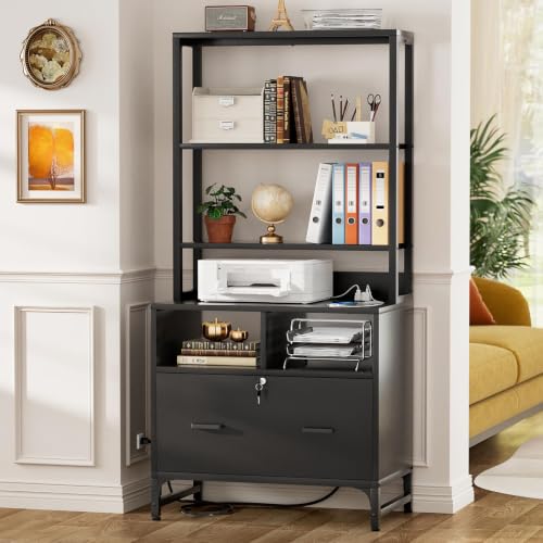 Homieasy File Cabinet with Charging Station, Vertical Filing Cabinet, Black - color: Black