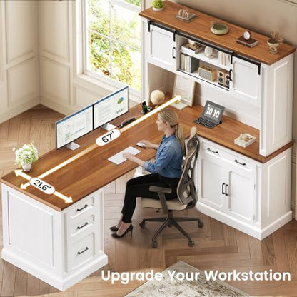 SEDETA 67" Farmhouse Executive L Shaped Desk with Hutch & Storage - color: White+brown, size: 67" L Shaped Desk with Hutch