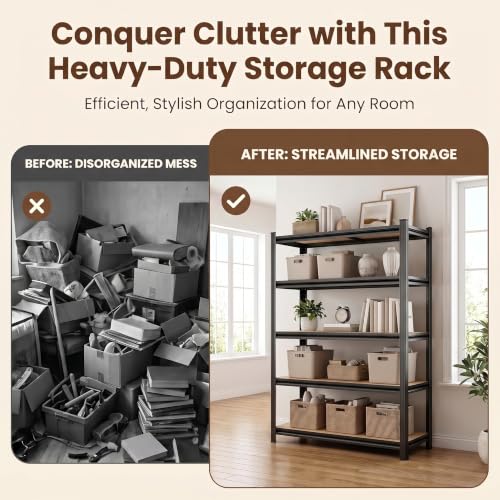5 Tier Wooden Bookshelf, Heavy Duty Adjustable Tall Bookcase | 3000 LBS Bolt-free Storage Shelves with Deep Bookshelf for living Room, Office and Garage Storage - size: Wooden 35.4"Wx 15.7"Dx 71.2"H