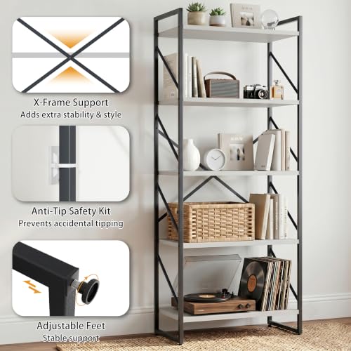 JAMFLY 5 Tiers Bookshelf, Classically Tall Bookcase Shelf,Industrial Book Rack,Modern Book Holder in Bedroom/Living Room/Home/Office, Ivory - color: Ivory