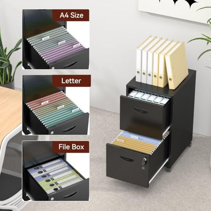 Metal 2 Drawer File Cabinet with Lock & Wheels for Office,Black | Small Mobile File Cabinets for Home Office, Under Desk Vertical Rolling File Cabinet Fit Hanging Files, Letter & A4 Documents - color: Black, style: 2 Drawers Mobile File Cabinet