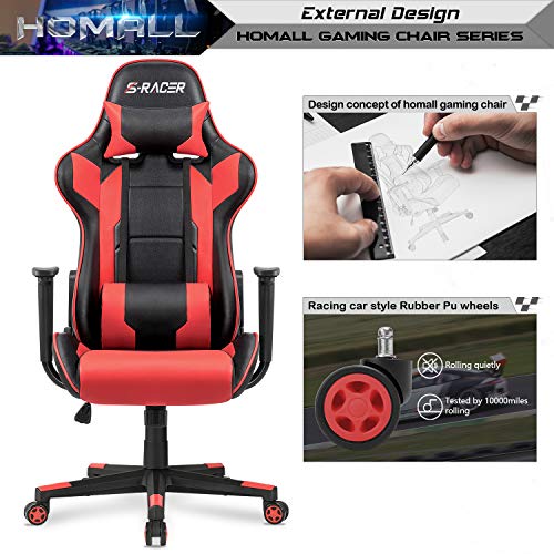 Homall Gaming Chair, Office Chair High Back Computer Chair Leather Desk Chair Racing Executive Ergonomic Adjustable Swivel Task Chair with Headrest and Lumbar Support (Red) - color: Red