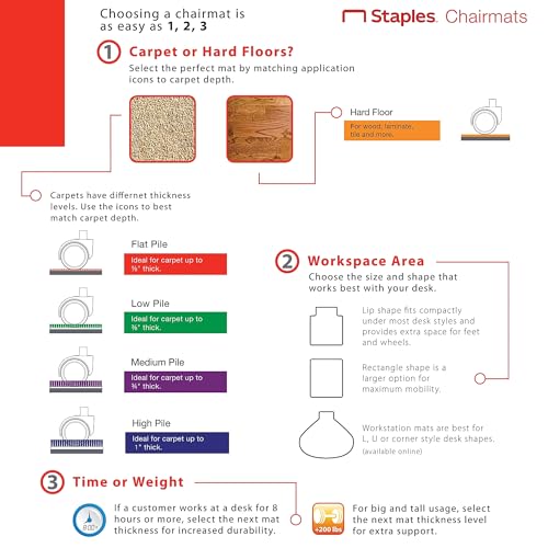 Staples Office Chair Mat, Clear Floor Mats with Lip, Medium-Pile Carpets, Extended Under-Desk Coverage, 48 x 36 Inch, Smooth Glide | Extended under-desk coverage and smooth glide for carpeted office floors. - size: 36" x 48", style: Medium-Pile