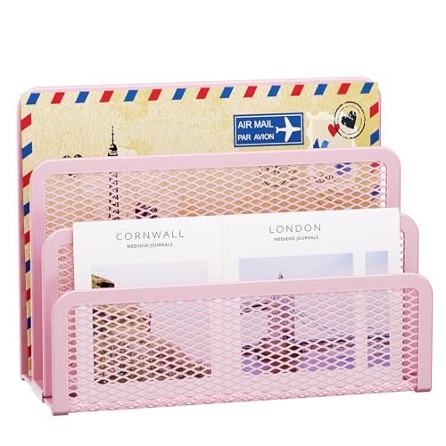 Marbrasse Mail Organizer for Desk, 3-Slot Mesh Metal Mail Holder countertop, Letter Holder, Office Desktop Envelope and Document Storage Rack (Pink) - color: Pink
