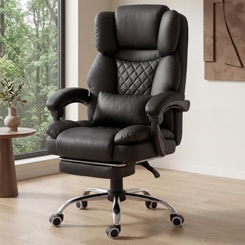 GTPLAYER Executive Office Chair Big and Tall Leather Gaming Chair with Pocket Spring Cushion & Ergonomic Lumbar Support for Lower Back Pain Relief, Comfy Desk Chair with Footrest, Black - color: Black, Leather