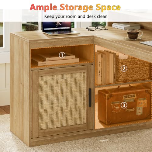 TVU Farmhouse L Shaped Desk with Drawers, 62.2" Home Office Desk with Storage Shelves and Power Outlet, L Shaped Computer Desk with Monitor Stand and Printer Shelf, Oak/Rattan - color: Oak/Rattan