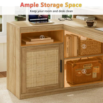 TVU Farmhouse L Shaped Desk with Drawers, 62.2" Home Office Desk with Storage Shelves and Power Outlet, L Shaped Computer Desk with Monitor Stand and Printer Shelf, Oak/Rattan - color: Oak/Rattan