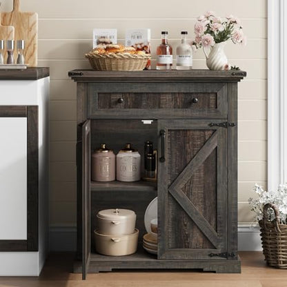 Coffee Bar Cabinet, 27.6" W Farmhouse Buffet Cabinet with Door & Drawer, Kitchen Cabinet with Adjustable Shelf for Hallway, Living Room, Dinning Room (Black) - color: Black