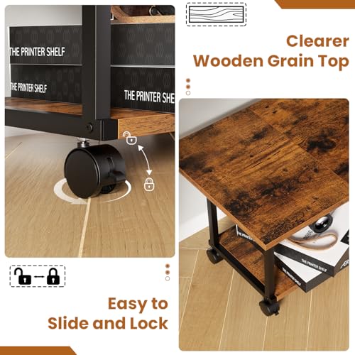 Asgolion Printer Table, 2-Tier Under Desk Printer Stand, Printer Cart - color: Rustic Brown, size: Standard without Charger