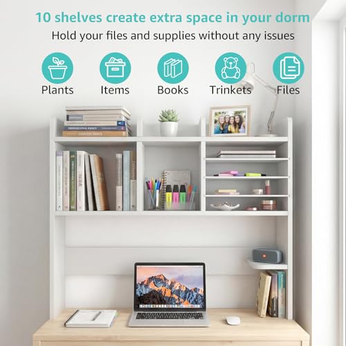NUTIKAS Desktop Bookshelf for Computer Desk - 36" Desk Hutch Organizer with 4-Tier Paper Tray, Tabletop Storage Rack for College Dorm Room Essentials, Home Office Shelving, White