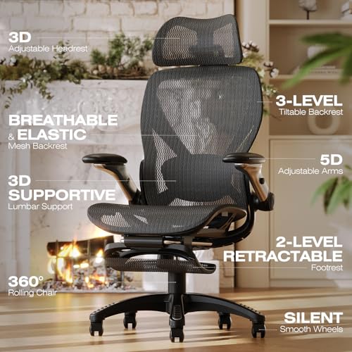 ELABEST X100 Ergonomic Mesh Office Chair with Footrest, Big and Tall Hone Desk Chair with 5D Flip-Up Arms, Adjustable 3D Lumbar Support,Gaming & Executive Computer Chairs - color: Midnight Mist