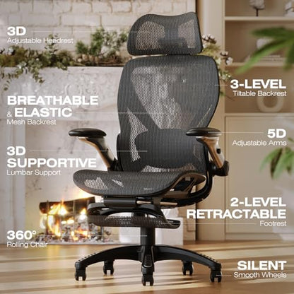ELABEST X100 Ergonomic Mesh Office Chair with Footrest, Big and Tall Hone Desk Chair with 5D Flip-Up Arms, Adjustable 3D Lumbar Support,Gaming & Executive Computer Chairs - color: Midnight Mist