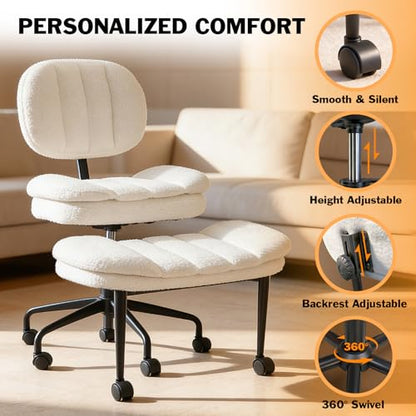 Criss Cross Chair with Footrest, 360° Swivel Faux Shearling Office Chair, Extra Wide Seat with Sofa-Like Comfort, Ergonomic Cross Legged Desk Chair for Cozy Reading, Meditation - color: Wool