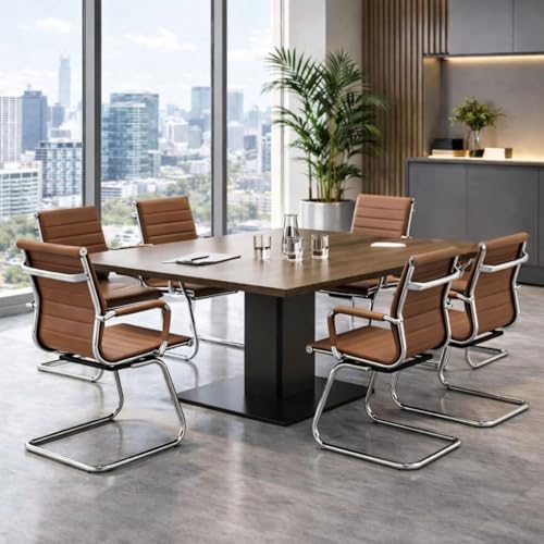 Conference Room Chairs Set of 6, Waiting Room Chairs with Arms, Faux Leather Reception Chairs No Wheels, Office Guest Chairs with Mid Back Support and Chrome Sled Base, Cafe - color: Cafe, size: 6PCS