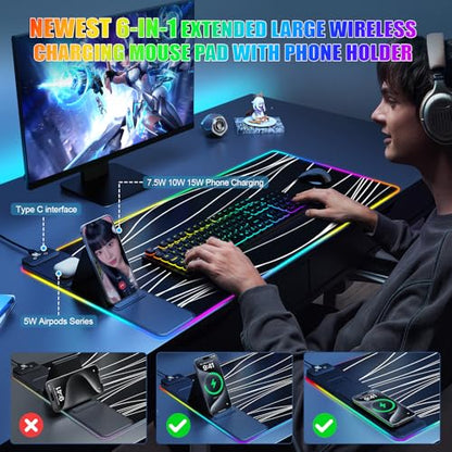 Mouse Pad with Phone Holder, Wireless Charging Desk Mat, RGB Gaming Mousepad Home Office Large Desk Pad with Ultra-Smooth Surface, Non-Slip Base, Waterproof Keyboard Pad,Wavy Black - color: 31.5x15.75"Phone Stand-Wave