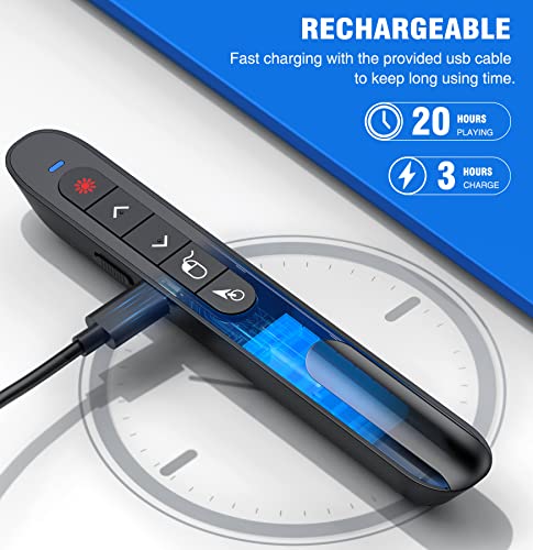 DINOSTRIKE Wireless Presenter Remote with Air Mouse Control, Rechargeable USB A&C Presentation Clicker PPT Pointer RF 2.4GhZ PowerPoint Clicker Slide Advancer for Computer Laptop Mac - color: Black