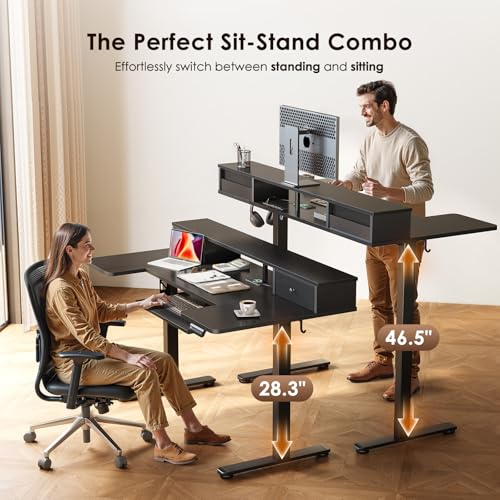 OffiGo 55 Inch U Shape Standing Desk with Keyboard Tray & Drawers, Black - color: Black With Drawers, size: 55 Inch