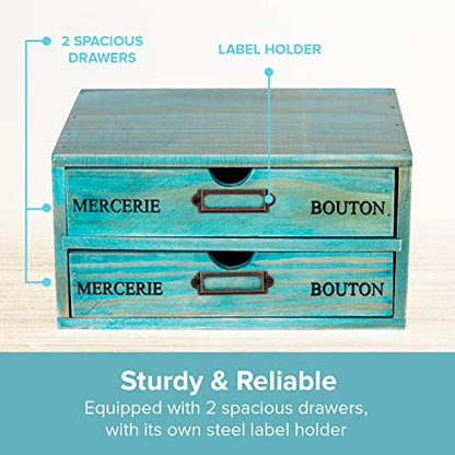 Turquoise 2-Tier Drawer Unit - European Country Style Desk Organizer Box - 9.7x7x5.1" Teal Wooden Stackable Drawers - Countertop Organizer Drawers w/Label Holder - Double File Drawer Unit - style: 2 Drawer I 5.1"