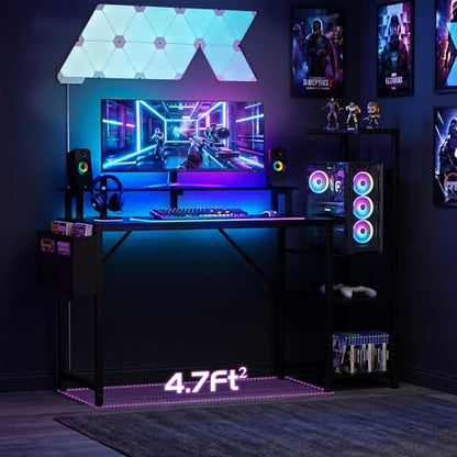 Apicizon 47 Inch Gaming Desk with LED Setup Style, Computer Desk with Storage Shelves & Monitor Stand, Reversible Workstation for Small Space, Home Office Desk with Side Pocket - size: 47inch