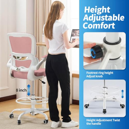 TRALT Drafting Chair - Tall Office Chair with Lumbar Support for High Desk - color: Pink