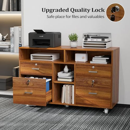 VINGLI Wide 4 Drawer Lockable Rolling File Cabinet with Open Shelves - Walnut Wood Lateral File Cabinet Printer Stand for Home Office, Letter Sized - color: Walnut