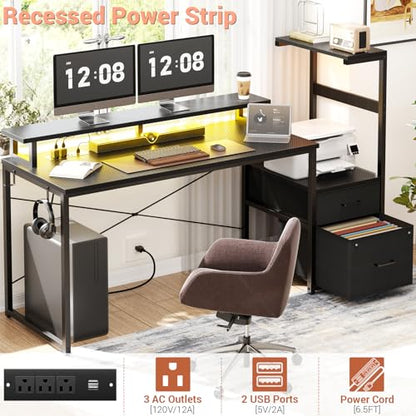 Aheaplus 59" Gaming Desk with RGB LED & Power Outlet &PC Case/Printer Stand - color: Carbon Fiber Black