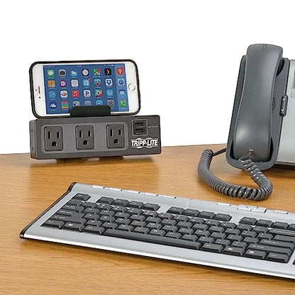 Tripp Lite 3 Outlet Surge Protector Power Strip with Desk Clamp, 10ft. Cord, 510 Joules, 2 USB Charging Ports, Black, $20K Insurance & Lifetime Manufacturer's Guarantee (TLP310USBC)