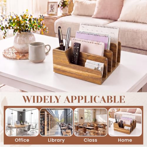 Novabright Acacia Wood Mail Organizer with Pen Holder, 5 Slot Desk File Organizer, Wooden Letter Sorter for Desk, Compact Desktop Document Holder for Home Office Storage Back to School