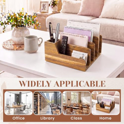 Novabright Acacia Wood Mail Organizer with Pen Holder, 5 Slot Desk File Organizer, Wooden Letter Sorter for Desk, Compact Desktop Document Holder for Home Office Storage Back to School