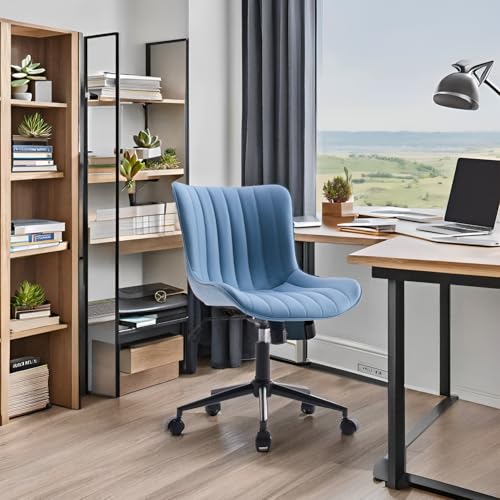 YOUNIKE Office Desk Chair with Wheels Armless Vanity Chair Modern Blue | Faux Leather Upholstered with Rocking Back, Swivel Height Adjustable Small Cute Computer Rolling Task Chair Ergonomic 300lb - color: Blue, size: Base Black