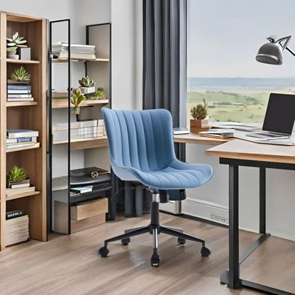YOUNIKE Office Desk Chair with Wheels Armless Vanity Chair Modern Blue | Faux Leather Upholstered with Rocking Back, Swivel Height Adjustable Small Cute Computer Rolling Task Chair Ergonomic 300lb - color: Blue, size: Base Black
