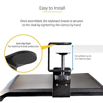 StarTech Under-Desk Keyboard Tray, TAA (Keyboard-Tray-CLAMP1) | Clamp-on Ergonomic Keyboard Holder, Up to 12kg (26.5lb), Sliding Keyboard and Mouse Drawer with C-Clamps, Height Adjustable