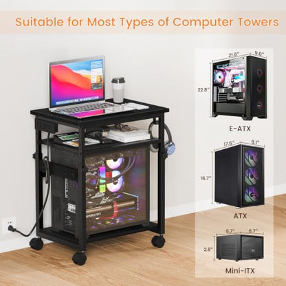 Snughome 3-Tier Extra-Large Computer Tower Stand with Charging Station, 25.2''-35.8'' Height-Adjustable PC Tower Stand, Rolling CPU Cart with Lockable Wheels for Office Home Gaming - size: 23.62" L x 15.75" W x 35.8"