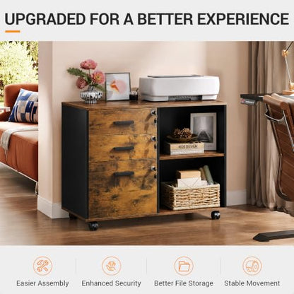 DEVAISE 3-Drawer File Cabinet with Lock, Wood Filing Cabinet, Rustic Brown | Rolling Printer Stand, Office Cabinet, Open Storage Shelves, Letter & A4 Compatible, Home Office, Under Desk Storage - color: Rustic Brown