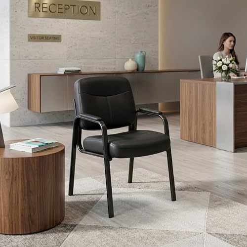 Office Reception Guest Chairs, Ergonomic Leather, Set of 2 | Waiting rooms, conference spaces, clinics, padded armrests, metal frame, no wheels, adults, home office, easy assembly - color: Inky, size: Set of 2