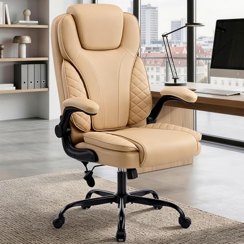 Ergonomic Office Chair, PU Leather High Back Executive Chair with Adjustable Inflatable Lumbar Support and Padded Flip-Up Arms, Recline Swivel Task Computer Chair for Home Office, Khaki - color: Khaki