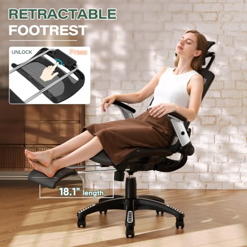 GABRYLLY Ergonomic Office Chair, High Back Home Desk Chair with Footrest,3D Headrest, Flip-Up Arms, 135° Tilt and Wide Cushion, Heavy Duty Mesh Chairs for Task Computer Gaming, Black - color: Obsidian Black