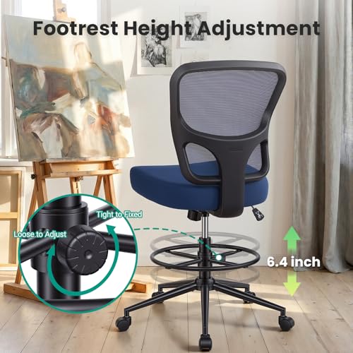 Armless Drafting Chair Tall Office Chair for Standing Desk - Adjustable Height Mesh Ergonomic Stool with Foot Ring, Rolling Counter Height Computer Chair for Small Spaces & Home Office - color: Navy