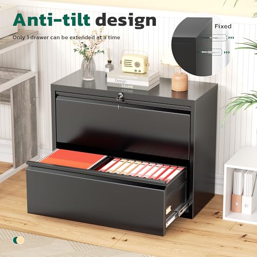 Greenvelly Lateral File Cabinet 2 Drawer, Black File Cabinet with Lock, Lockable Metal Filing Cabinet for Home Office, 2 Drawer File Cabinet for A4 & Letter Size Hanging Folders