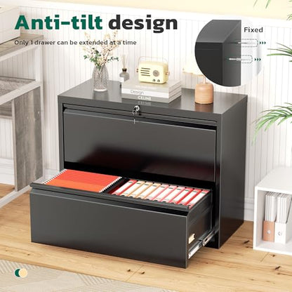 Greenvelly Lateral File Cabinet 2 Drawer, Black File Cabinet with Lock, Lockable Metal Filing Cabinet for Home Office, 2 Drawer File Cabinet for A4 & Letter Size Hanging Folders