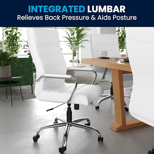 Flash Furniture Whitney High-Back Swivel LeatherSoft Desk Chair with Padded Seat and Armrests, Adjustable Height Padded Office Chair, White/Chrome | 360° Swivel, Height Adjustable, Commercial Grade - color: White Leathersoft/Chrome Frame