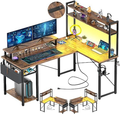 Aheaplus Small L Shaped Desk Gaming Desk with LED Lights & Power Outlets - color: Rustic Brown