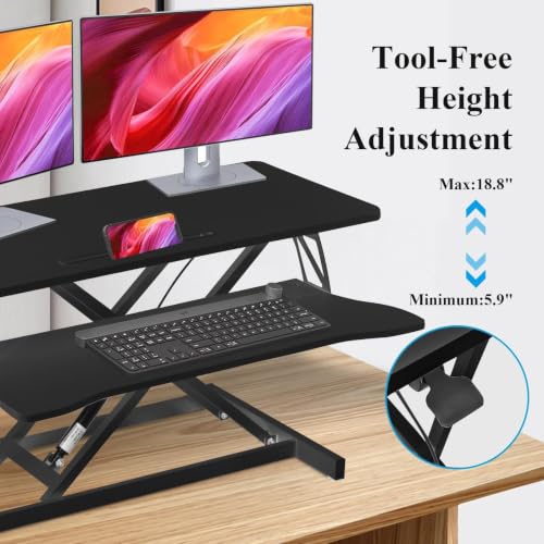 37" Desk Converter, Height Adjustable Stand Up Desk Converter, 2 Monitor Standing, Sit to Stand, Quick Sit to Tabletop, Riser Workstation with Wide Keyboard Tray - color: Black