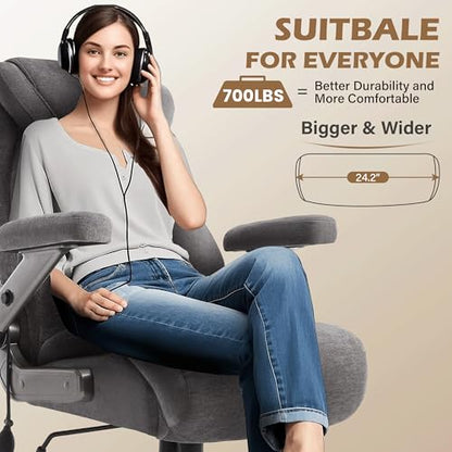 Fabric 700lbs Big and Tall Office Chair, Ergonomic Heavy Duty Executive Cloth Office Chair with 5D Flip Arms & Adjustable Lumbar Support & Dual Rubber Wheel, Large Thick Padded Extra Wide Seat, Grey - color: Grey